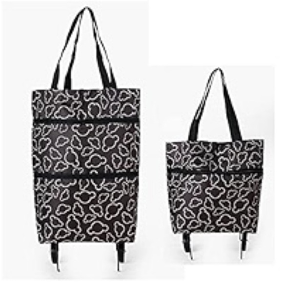 Foldable shopping bag with wheels reusable tote black and white - Picture 1 of 9